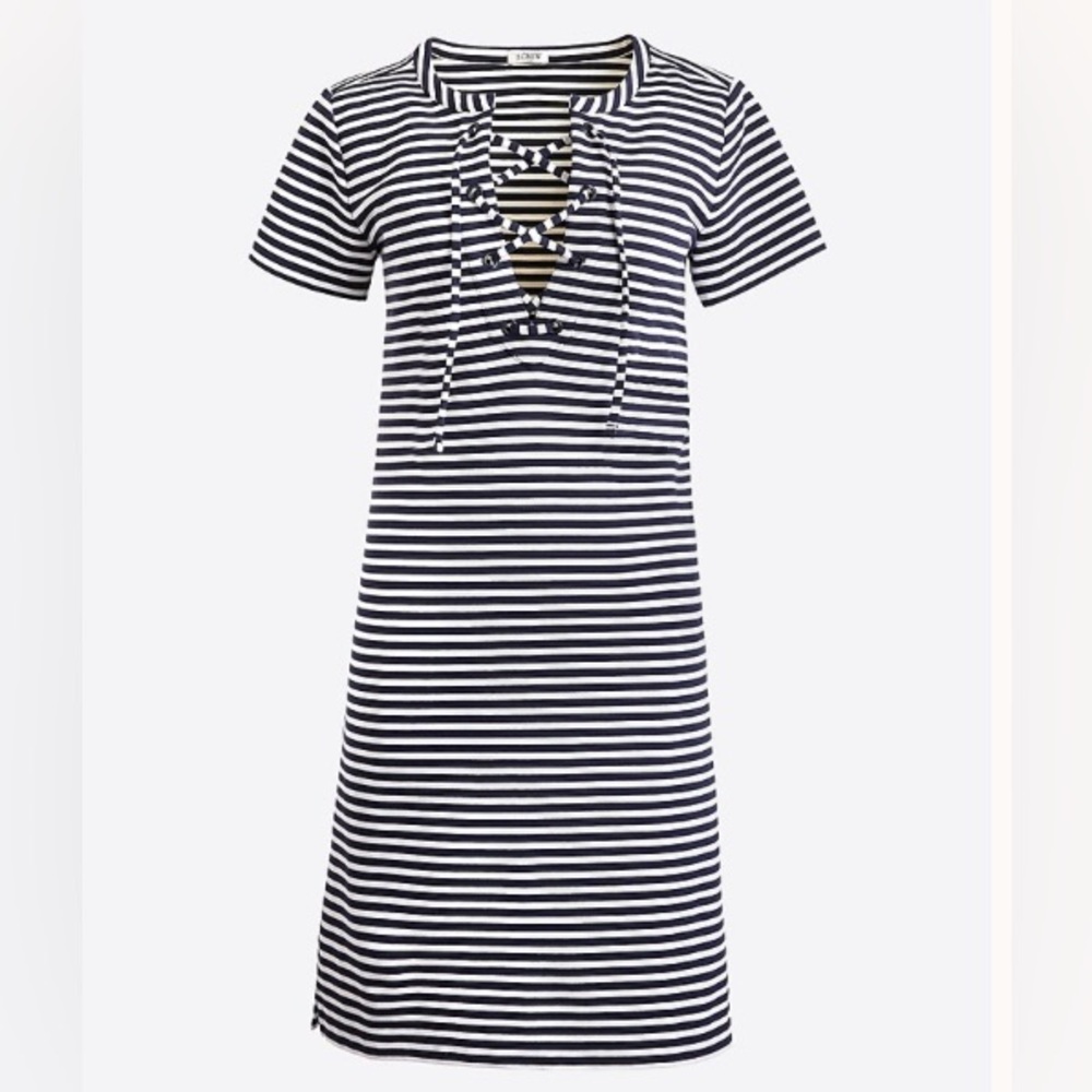 J Crew Nautical Striped Lace-Up SS Dress XS Navy/White Cotton Blend Casual